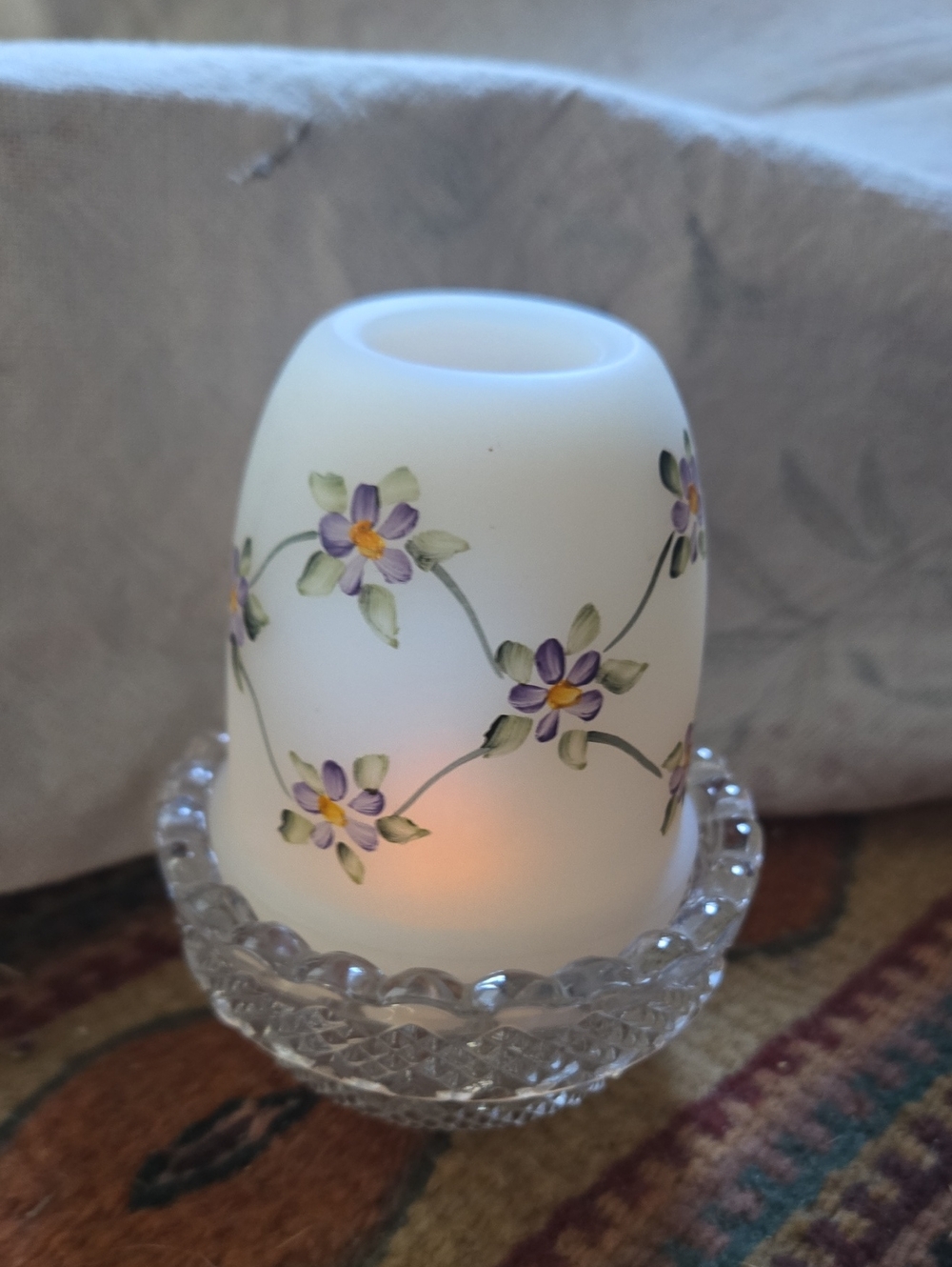 Vintage Mosser FairyLamp; diamond point base, frosted shade Signed,purple blooms